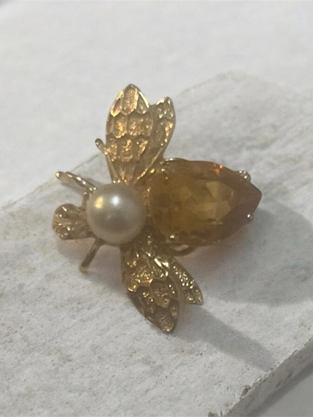 14k Vintage Gold Bee Pearl and yellow topaz Brooch - Women Jewelry